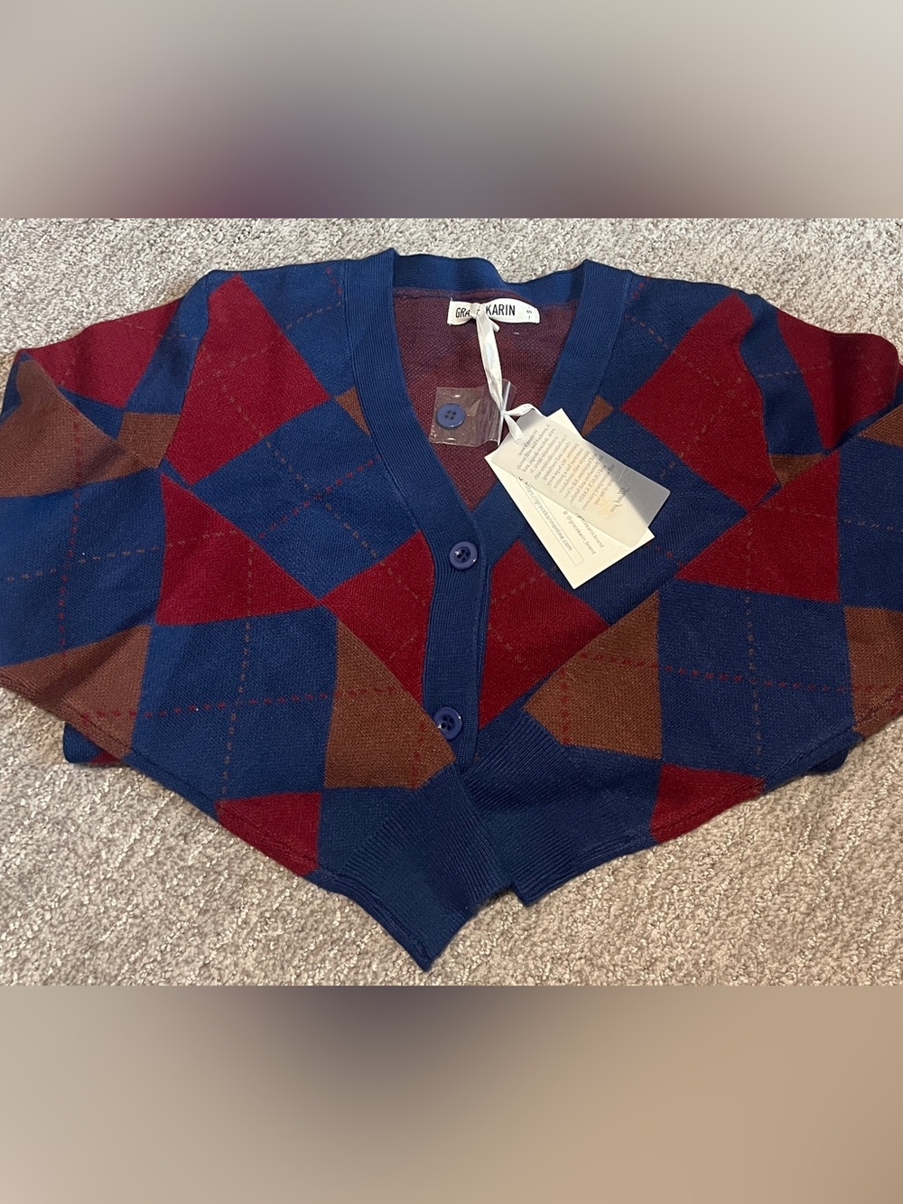 Plaid Sweater Long Sleeve Cardigan Argyle Preppy Style S 1411/bb7-2 - Picture 6 of 7